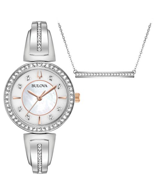 Bulova Crystal Collection Silver Dial Rose Gold Steel Strap Watch