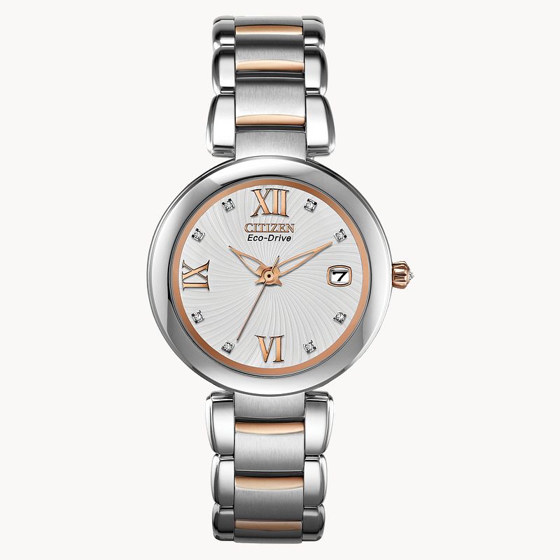 Marne Ladies Eco Drive Rose Gold Accent Date Watch CITIZEN
