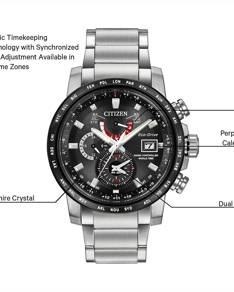 World Time A-T Black Dial Stainless Steel Bracelet AT9071-58E