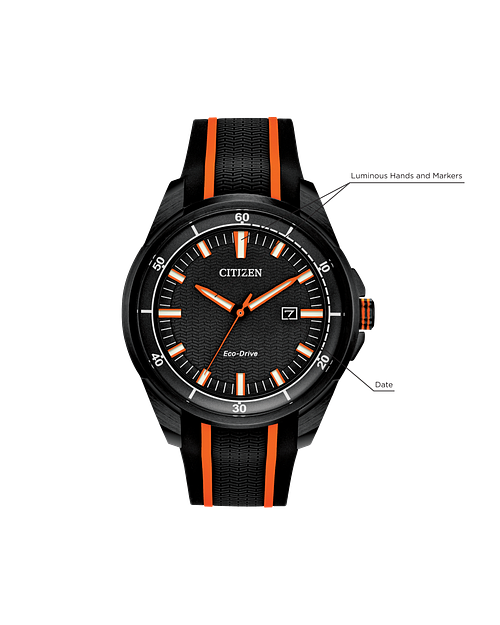 Citizen AR Eco Drive Black Dial Orange Stainless Steel Watch CITIZEN