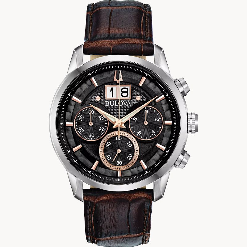Bulova Sutton Men's Dark Grey Brown Leather Strap Watch | Bulova