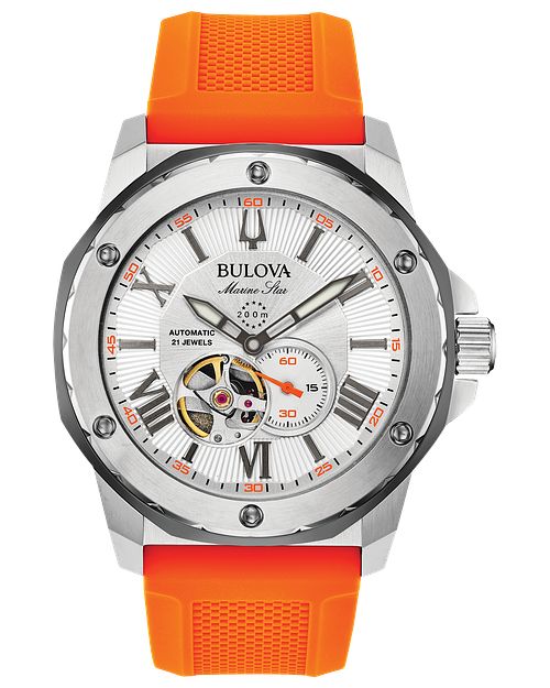 Bulova Marine Star Men's Silver Orange Silicone Strap Watch | Bulova