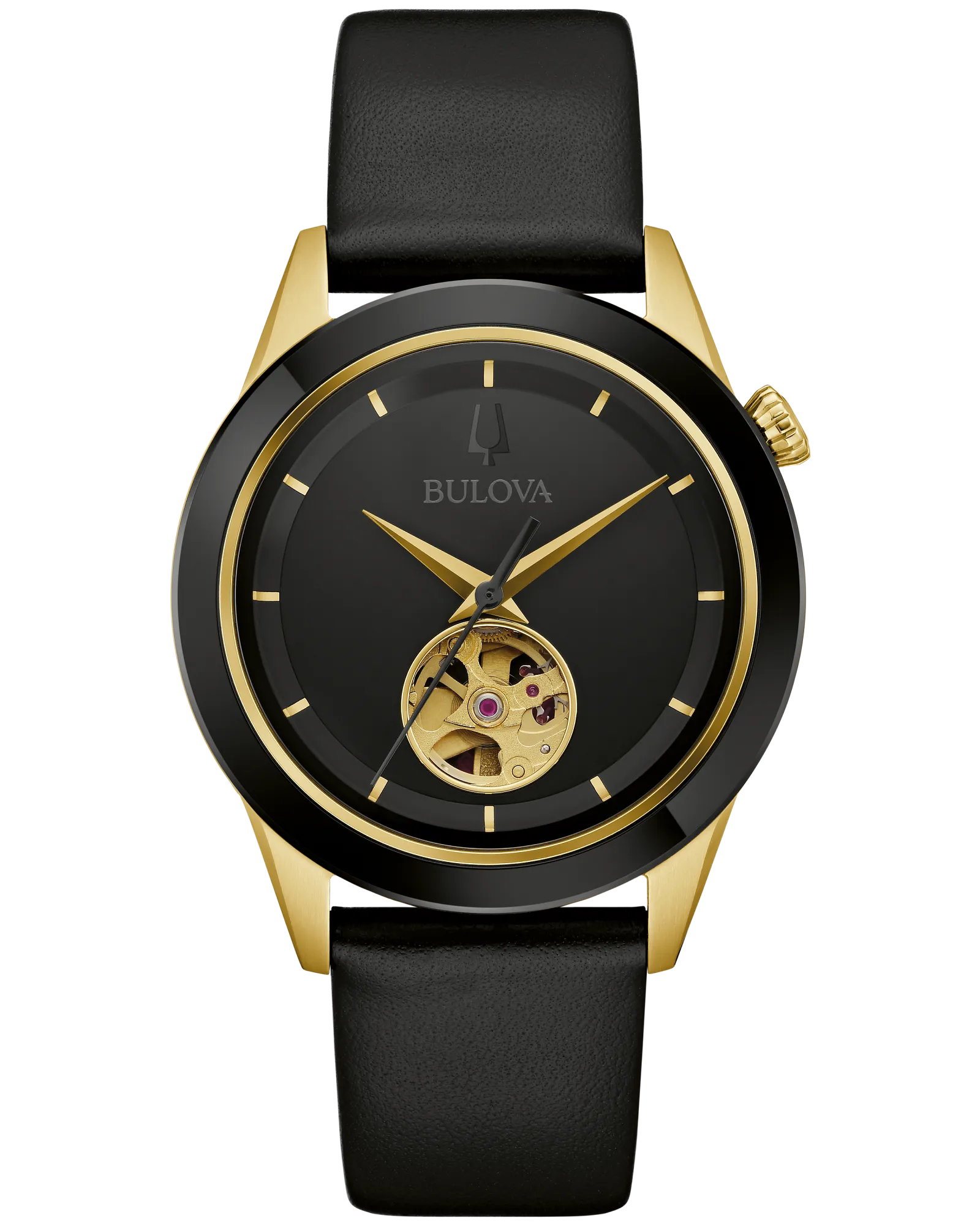 Bulova Black Dial Leather Strap Apollo Automatic 98A327 — Black