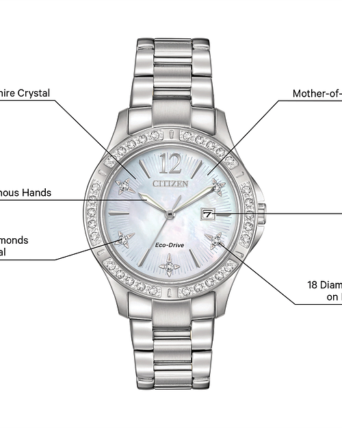 Elektra Ladies Eco Drive EW2510 50D Pearl Steel Date Watch CITIZEN