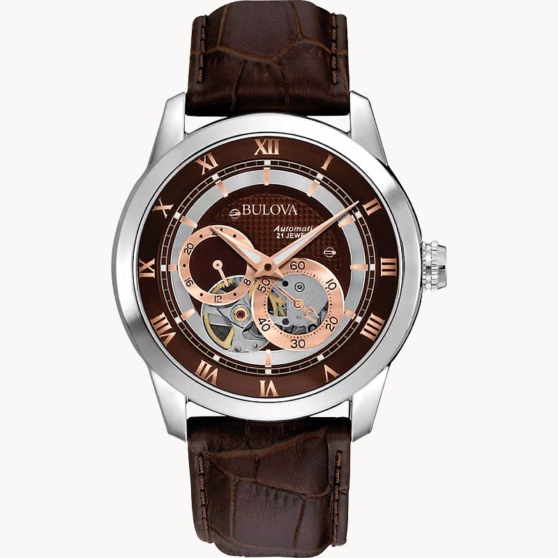 Bulova Classic Men\'s Brown Dial Brown Leather Stainless Steel Watch | Bulova