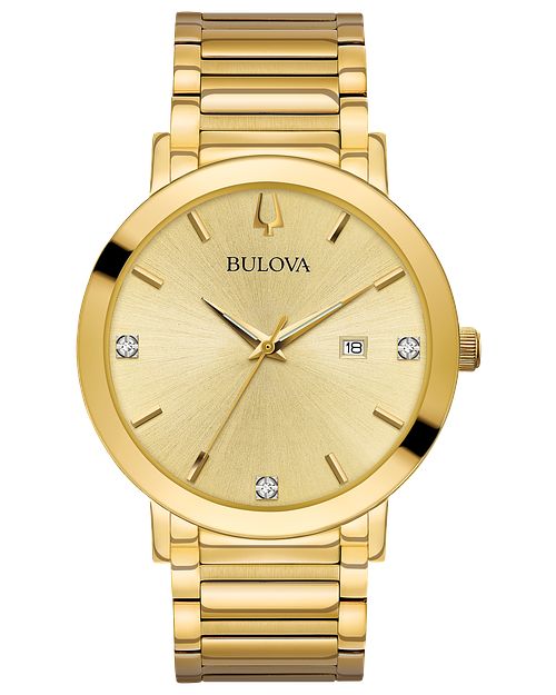 Bulova Men's Gold Diamond Quartz Black Dial Stainless Steel Watch