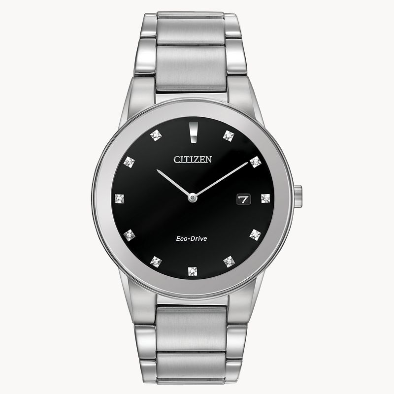 Axiom - Men's Eco-Drive Silver Steel Black Face Diamond Watch