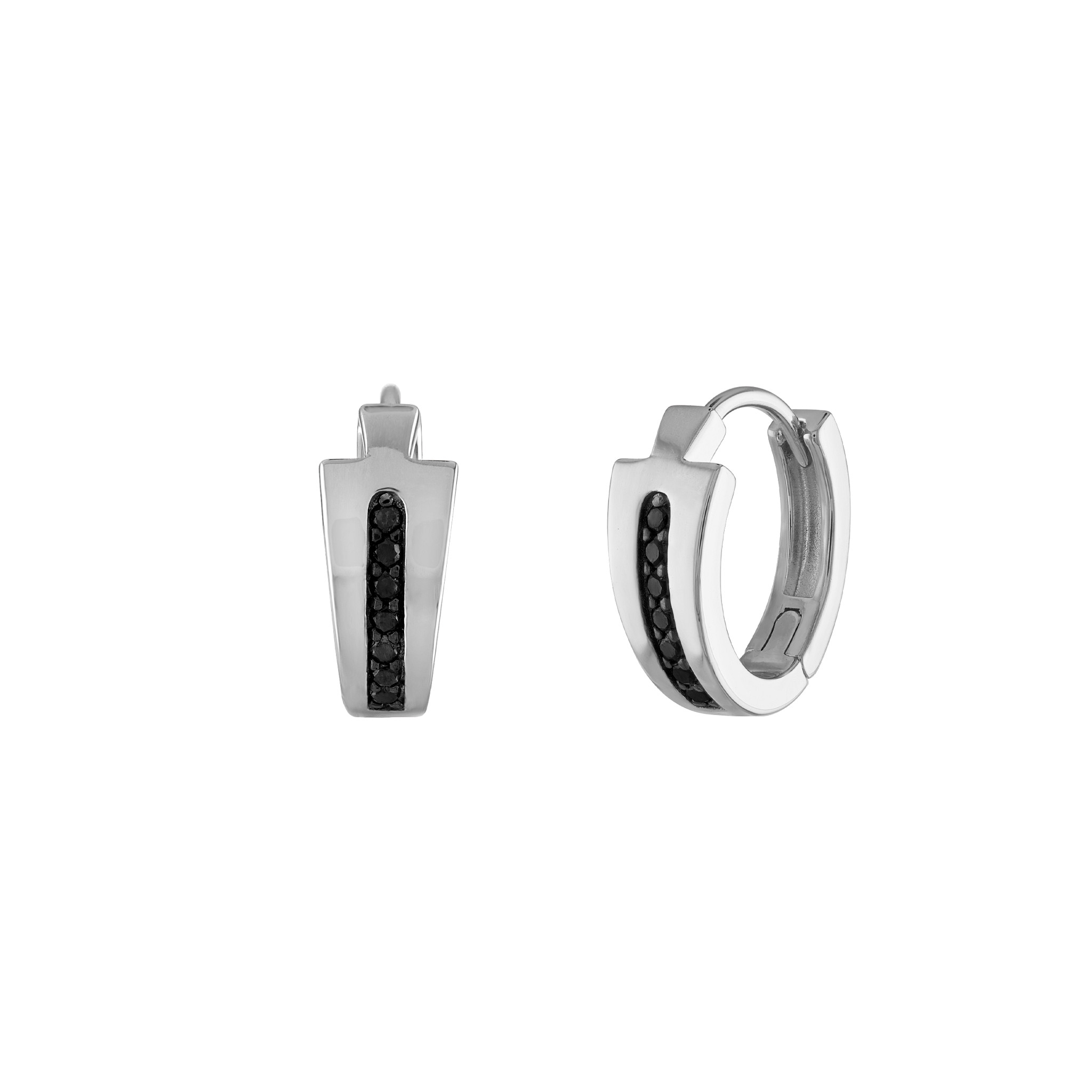Black diamond and sterling silver tuning fork huggie earrings. Bulova