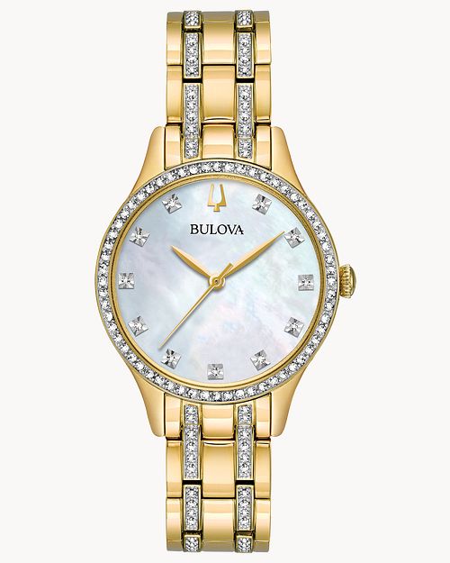 Bulova Crystal Women s Gold White Mother of Pearl Dial Watch Bulova