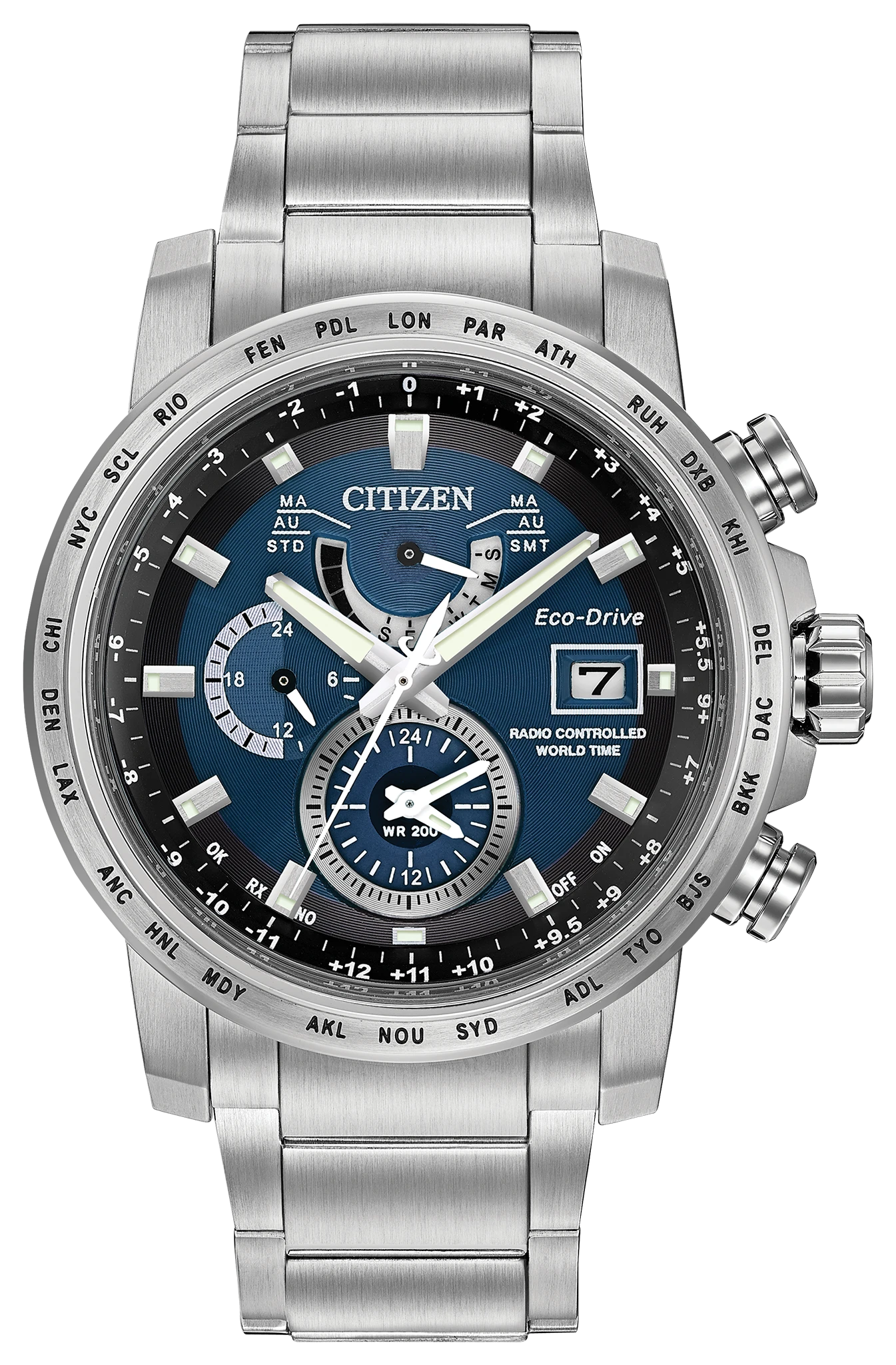 【CITIZEN ATTEESA】ECO-DRIVE DURATECT WORLD TIME RADIO CONTROLLED 20the Anniversal`y Limited Edition 中古時計ヘッド わけあり World Time A-T Blue Dial Stainless Steel Bracelet AT9070-51L | CITIZEN