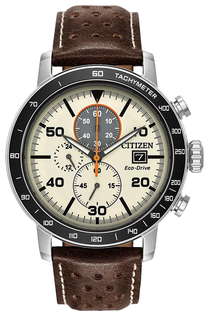 Citizen Brycen chronograph with ivory dial and brown leather strap