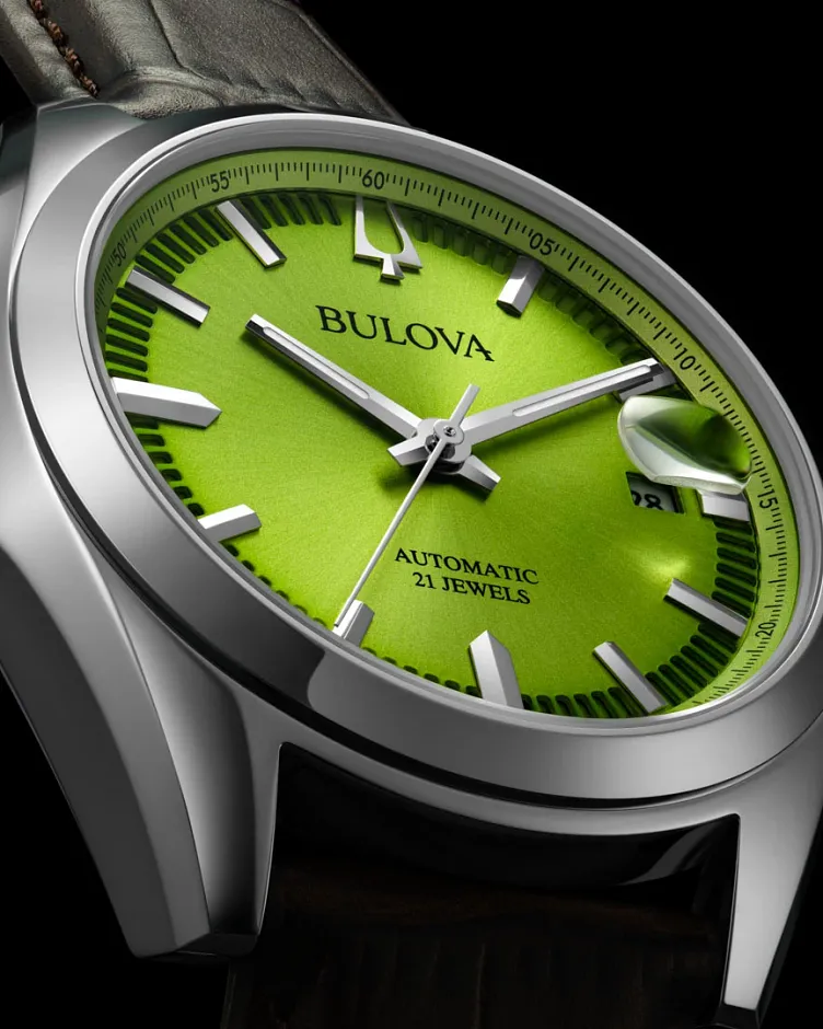 bulova dress classic men's watch 96b427 Green Dial Leather Strap Surveyor 96B427