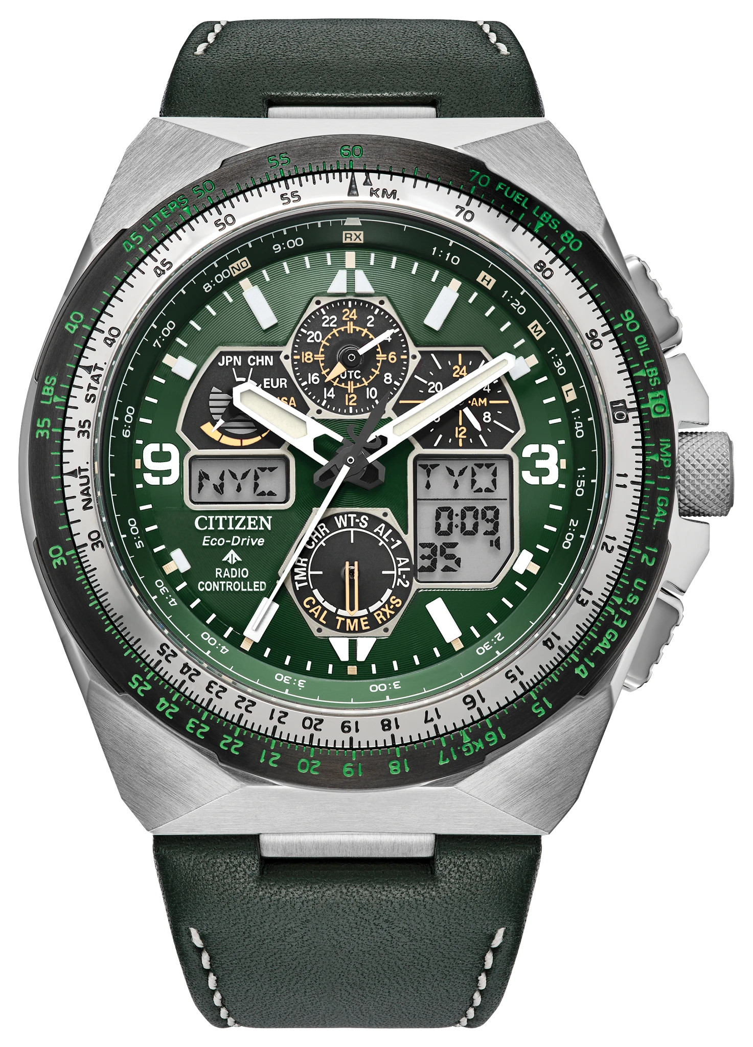 au maison Promaster Skyhawk A-T Green Dial Leather Strap JY8147-01X