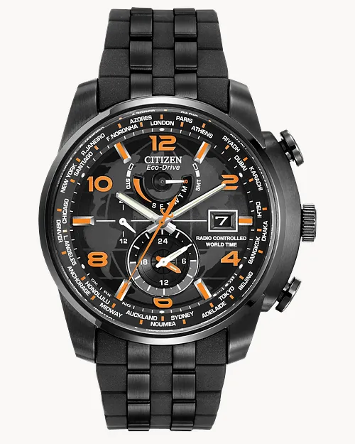 World Time A-T Black Dial Stainless Steel Polyurethane