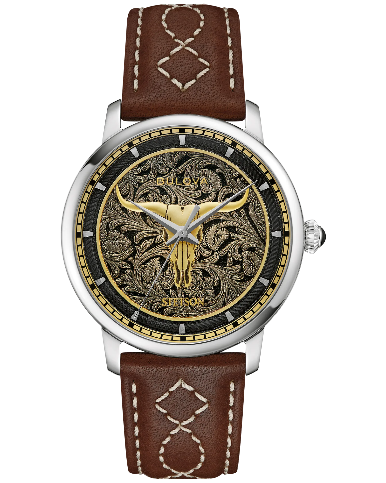 Bulova Black Dial Leather Strap Longhorn 96A334 — Black