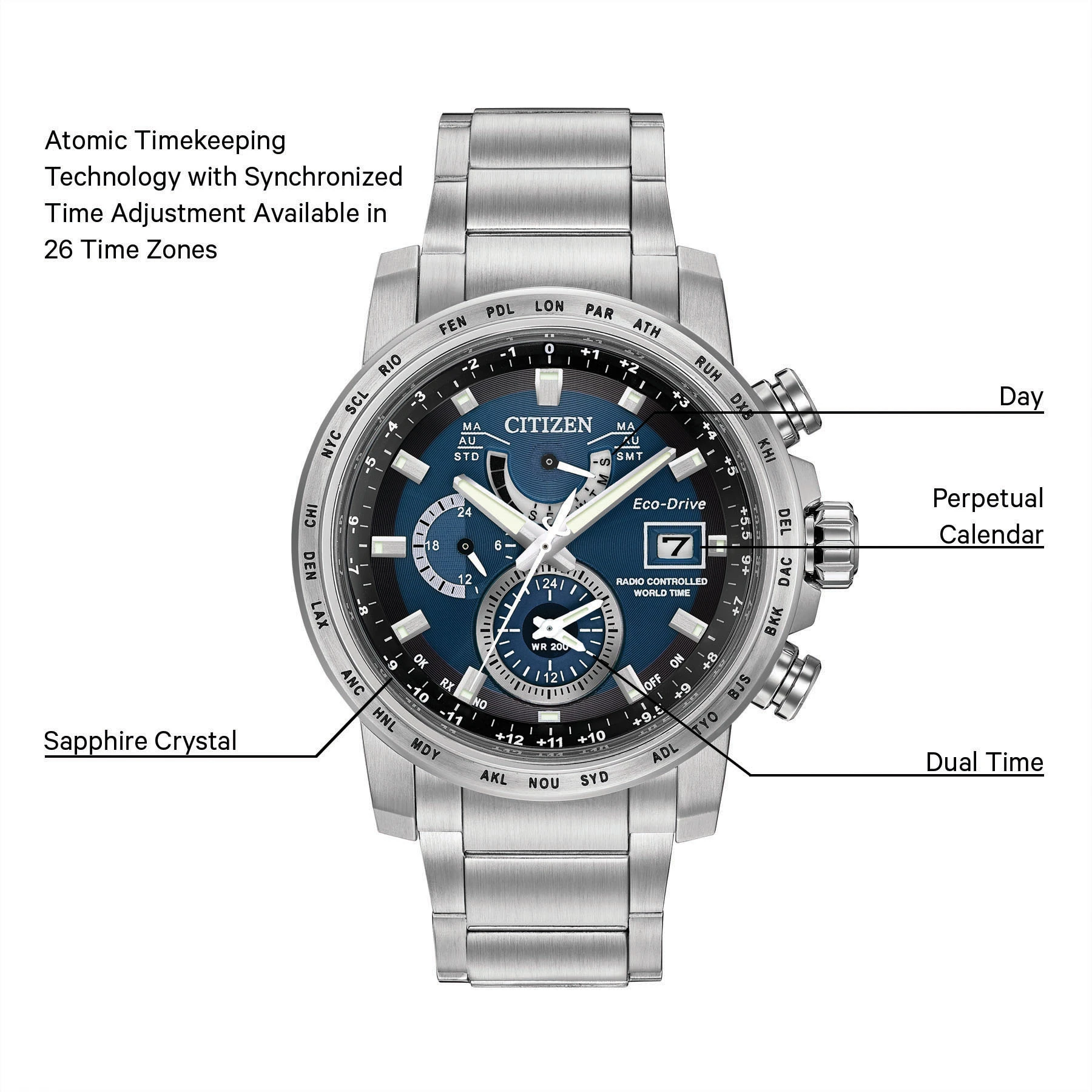 World Time A-T Blue Dial Stainless Steel Bracelet AT9070-51L CITIZEN