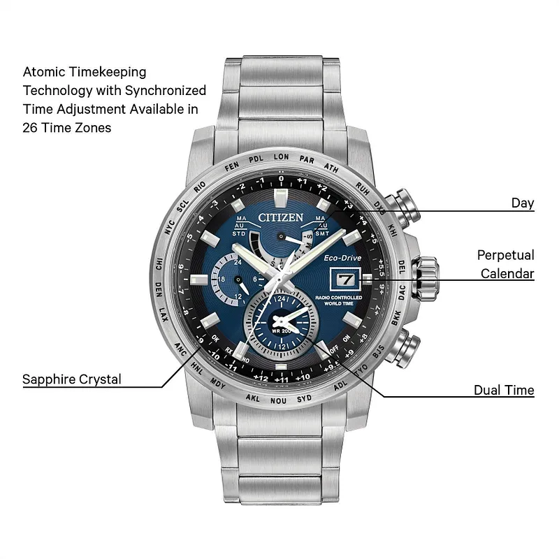 World Time A-T Blue Dial Stainless Steel Bracelet AT9070-51L CITIZEN
