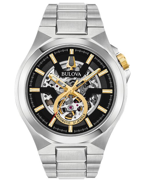 Bulova Maquina Men's Silver Gold Tone Black Dial Automatic Watch 