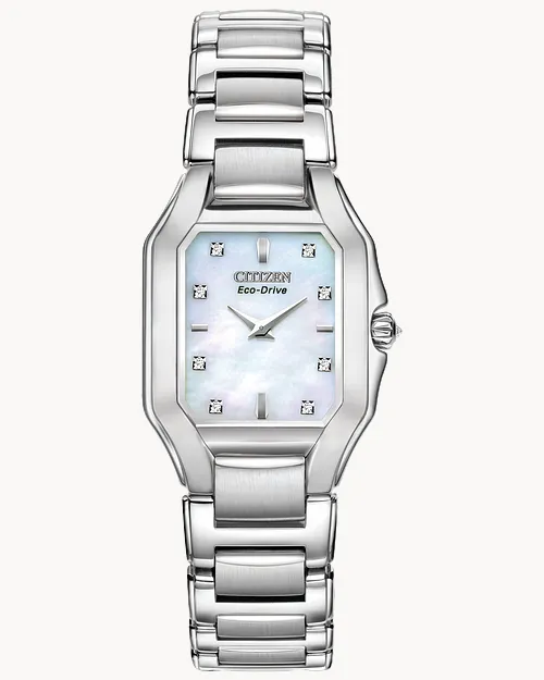 Fiore Ladies Eco Drive Square Face Pearl Dial Diamond Watch CITIZEN