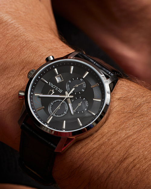 Bulova black chronograph watch clearance