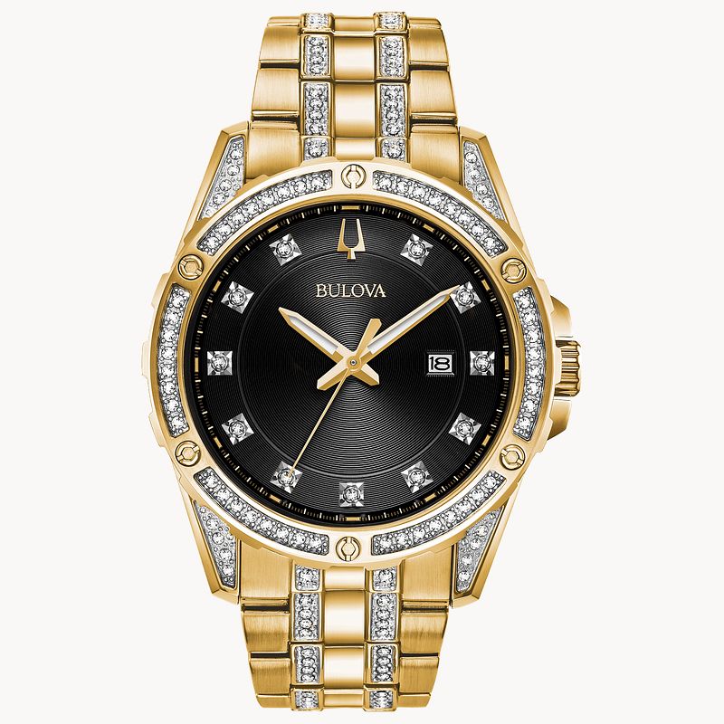 Bulova crystal men's gold tone bracelet watch deals