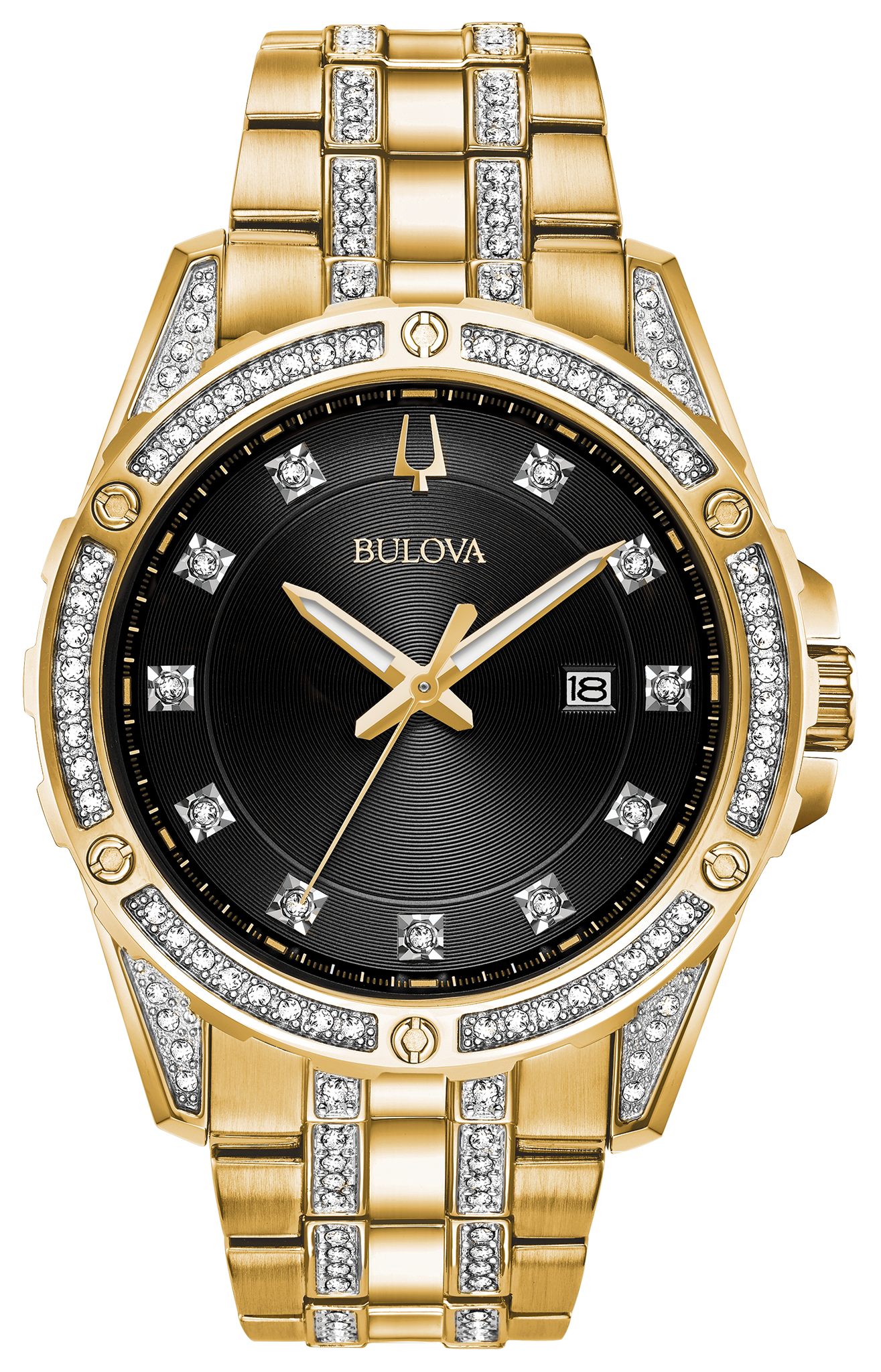 Bulova Mens Crystal Stainless Steel Black Dial Quartz Watch Boxed Set  96K110 - Inventory Adjusters