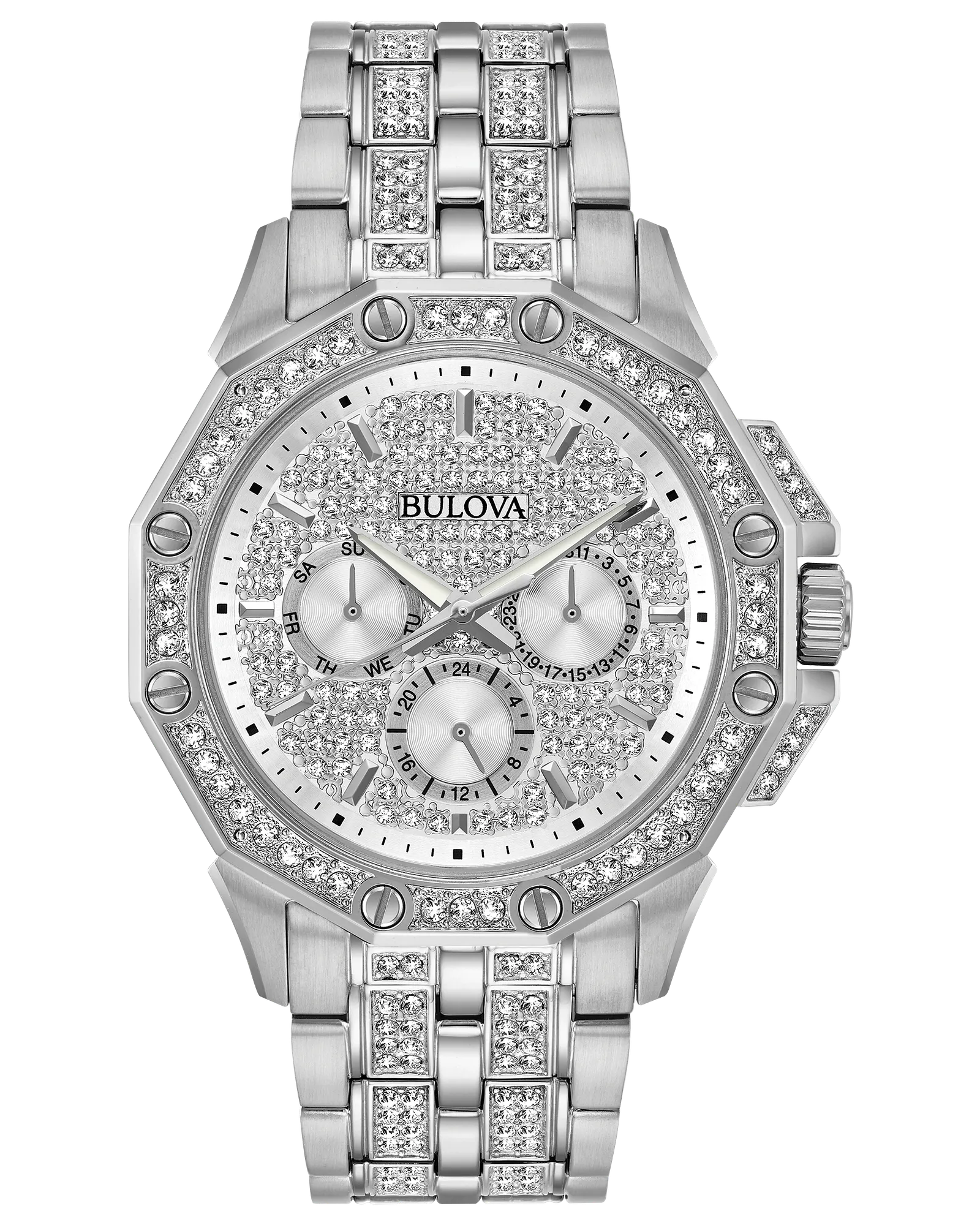 Bulova Octava Silver Diamond Stainless Steel Crystal Watch — Silver
