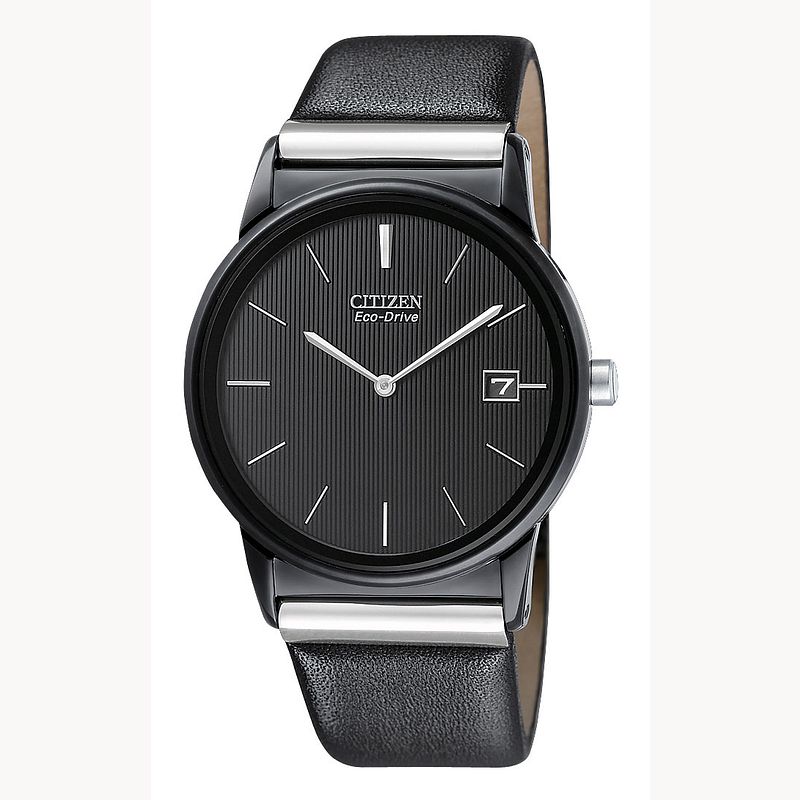 Eco drive axiom black dial black leather men's watch clearance