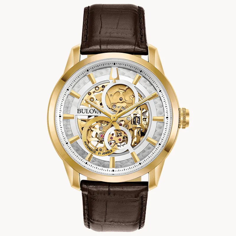 Bulova Sutton Men's Gold Case White Dial Leather Classic Watch Bulova Sutton Men's Gold Case White Dial Leather Classic Watch