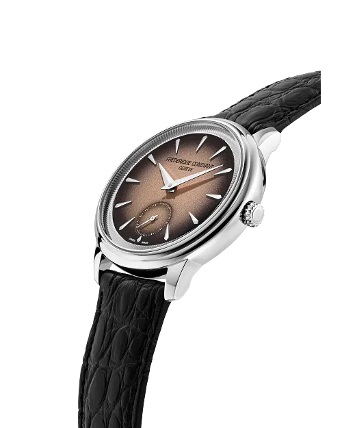 Moneta Handwinding shown at an angle displaying polished steel profile