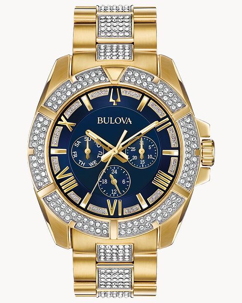 Bulova Octava Men s Gold Blue Dial Crystal Watch Bulova
