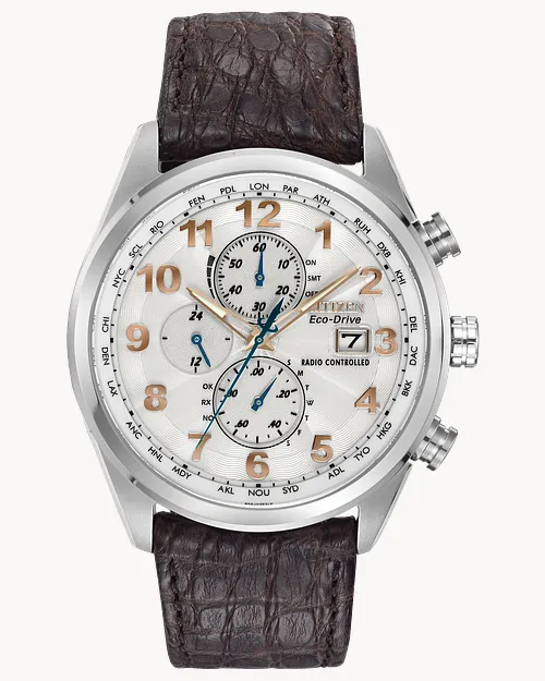 World Chronograph A-T Silver-Tone Dial Genuine Crocodile Strap