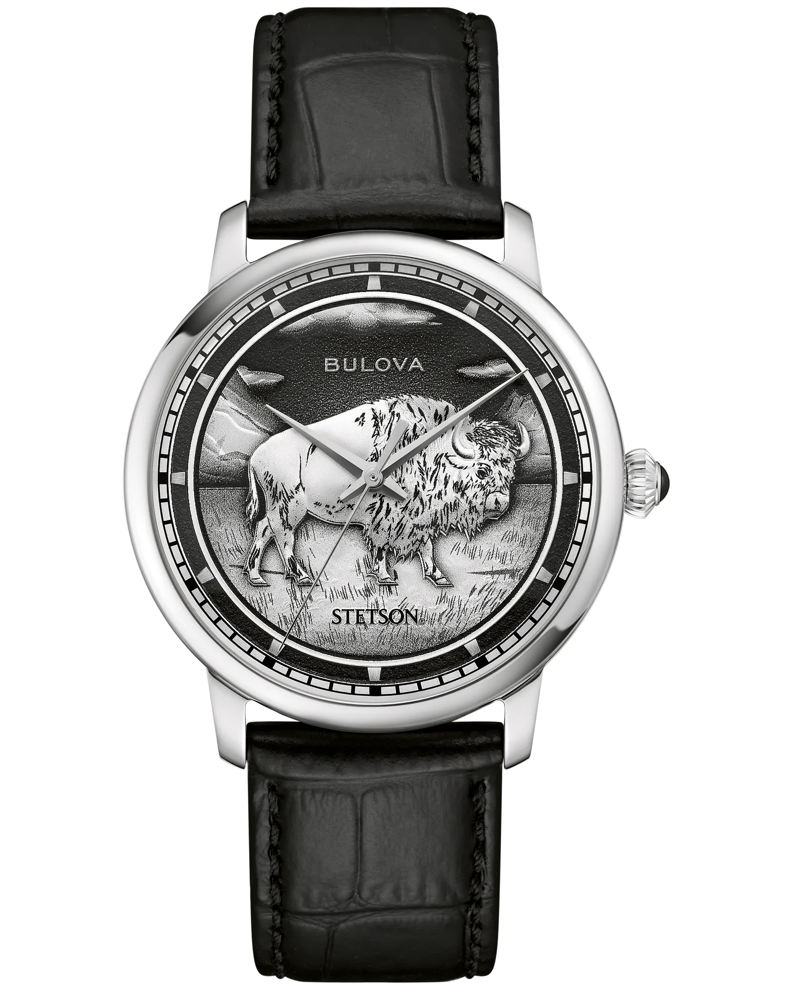 Bulova Black Dial Leather Strap Bison 96A333 — Black