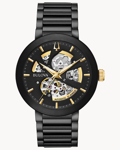 Bulova Futuro Men s Black Gold Accent Stainless Steel Watch Bulova