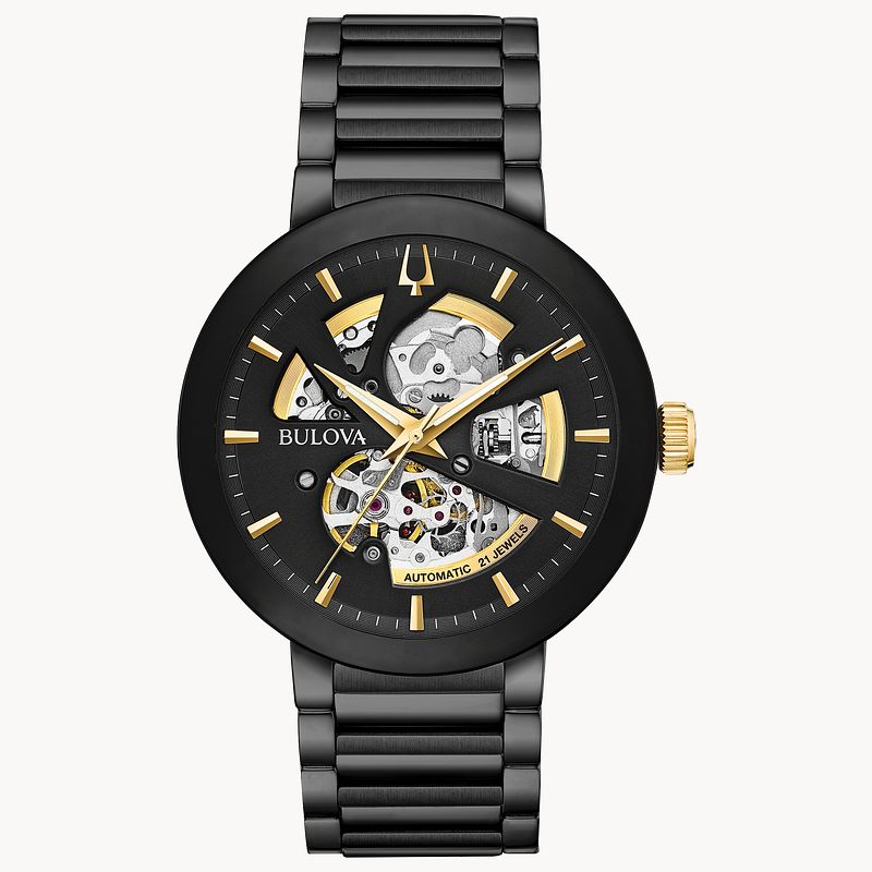 Bulova Futuro Men\'s Black Gold Accent Stainless Steel Watch | Bulova